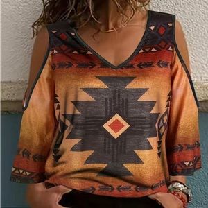 Plus size boho cold shoulder long sleeve tshirt western geo print. V neck